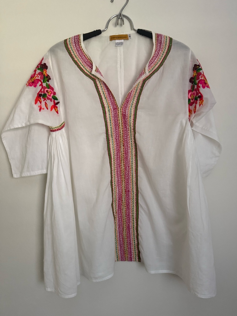 Roberta Freymann Embroidered Tunic Top Boho Cotton  Size M